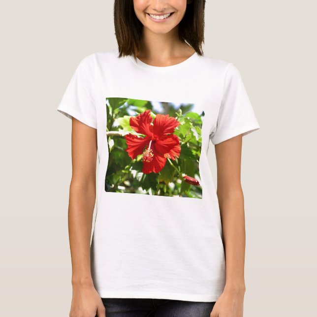 Brilliant Red Hawaiian Hibiskus Blume T-Shirt (Vorderseite)