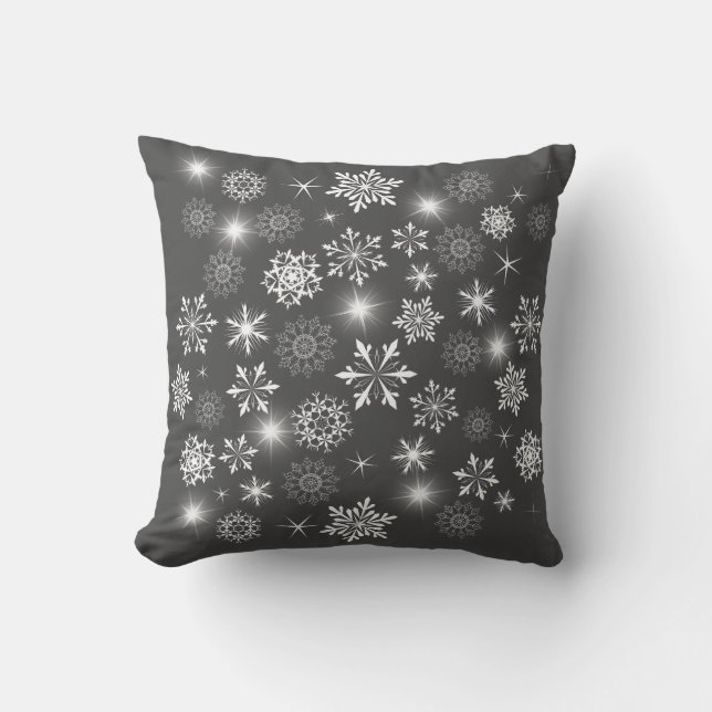 Brilliant White Winter Charcoal Graue Schneeflocke Kissen (Vorderseite)
