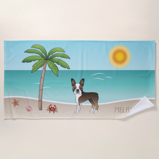 Brindle Boston Terrier an einem tropischen Sommers Strandtuch (Vorderseite)