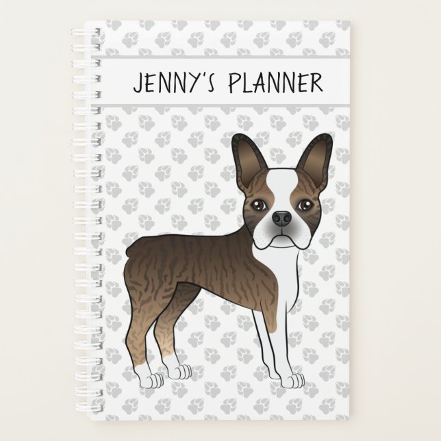 Brindle Boston Terrier Cartoon Dog & Custom Text Planer (Vorderseite)