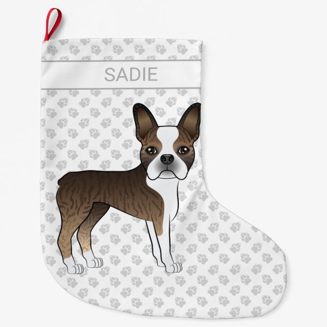 Brindle Boston Terrier Cartoon Dog & Individuelle  Großer Weihnachtsstrumpf (Vorderseite)