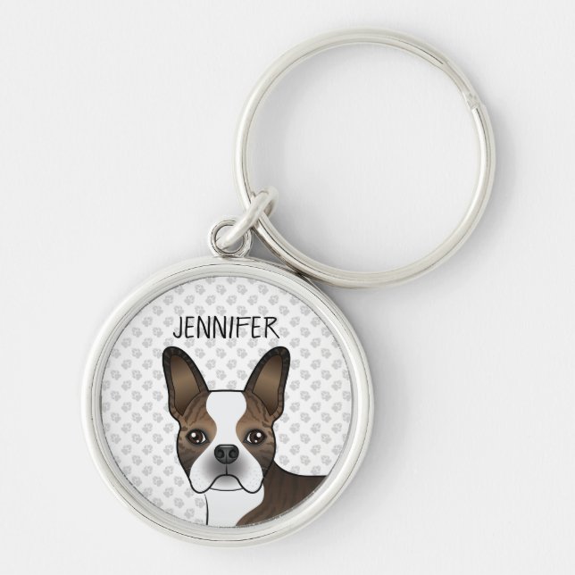 Brindle Boston Terrier Dog Head & Individuelle Nam Schlüsselanhänger (Vorne)