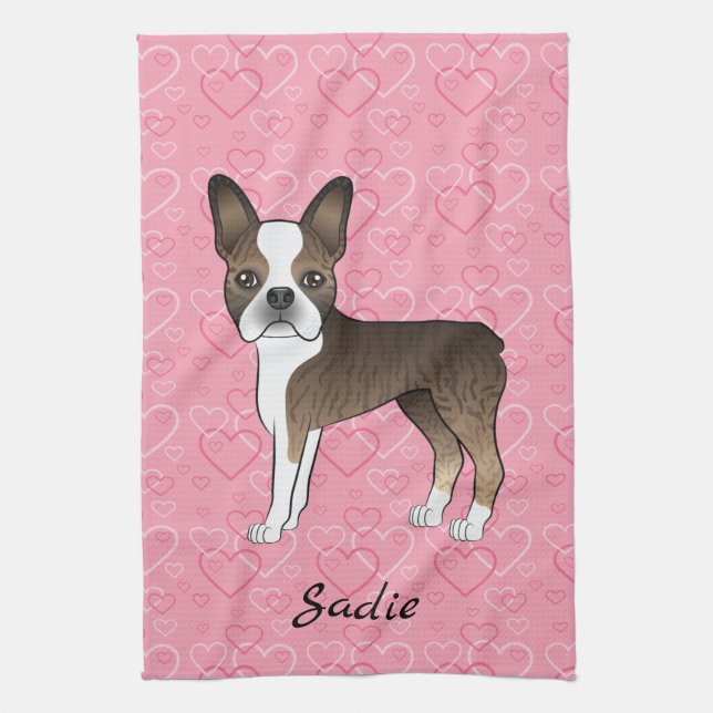 Brindle Boston Terrier Hund auf rosa Herzen und Na Geschirrtuch (Vertikal)