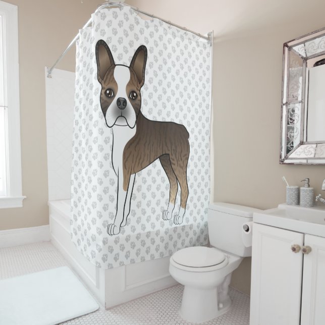 Brindle Boston Terrier Niedlich Cartoon Dog & Paws Duschvorhang (Beispiel)