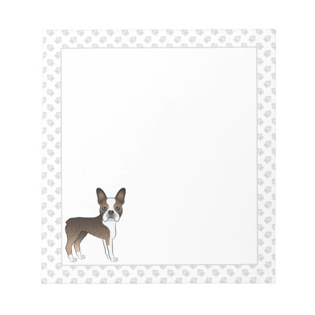 Brindle Boston Terrier Niedlich Cartoon Dog & Paws Notizblock (Vorderseite)