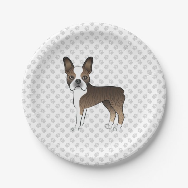 Brindle Boston Terrier Niedlich Cartoon Dog & Paws Pappteller (Vorderseite)