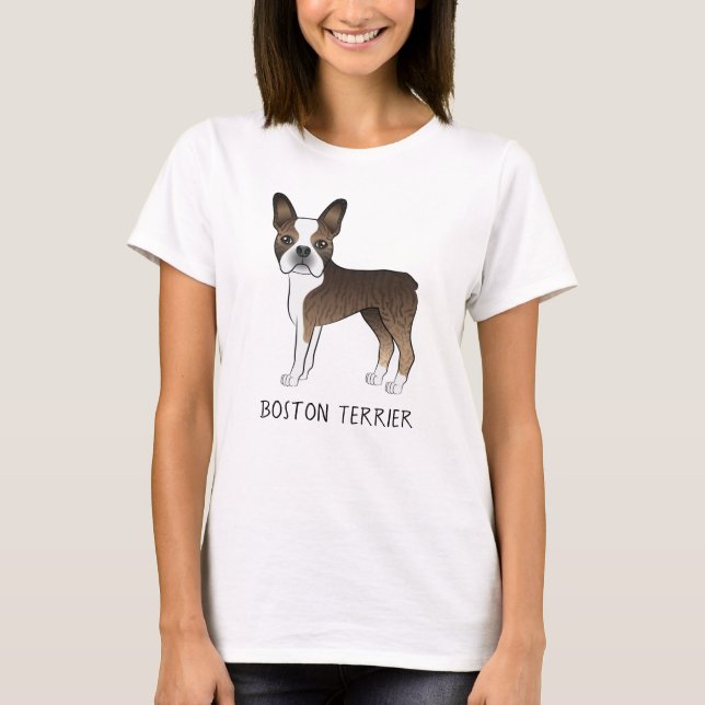 Brindle Boston Terrier Niedlicher Cartoon-Hund mit T-Shirt (Vorderseite)