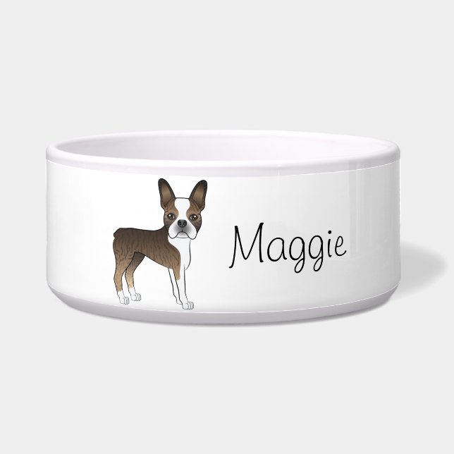 Brindle Boston Terrier Niedlicher Cartoon Hund und Napf (Vorderseite)