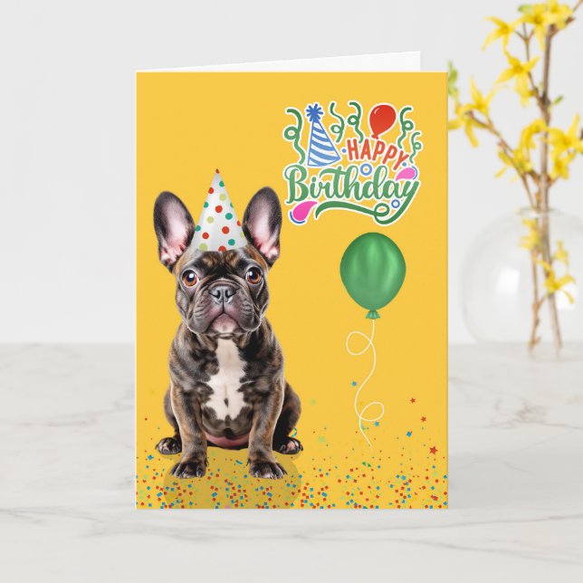 Brindle French Bulldog Party Hat Yellow Birthday Karte (Gelbe Blume)