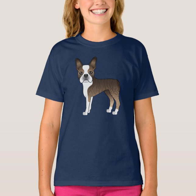 Brindle und White Boston Terrier Niedlicher Cartoo T-Shirt (Vorderseite)