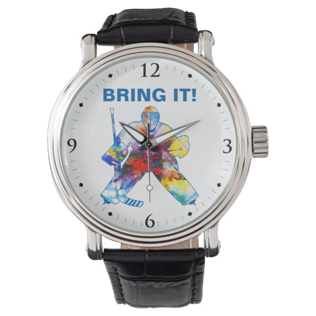 Bring it Hockey Goalie Watercolor Armbanduhr (Vorderseite)