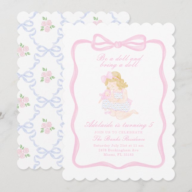 Bringen Sie eine Puppe Geburtstag Preppy Grandmill Einladung (Vorne/Hinten)