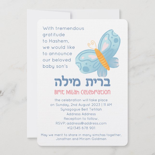 Bris Brit Milah Jewish Baby Boy Naming Einladung (Rückseite)
