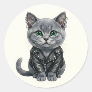 Britisch Blaues Punk-Katze in Ledermantel Aufklebe Runder Aufkleber