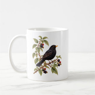 Britische Amsel auf Brombeerzweig Botanisch Kaffeetasse