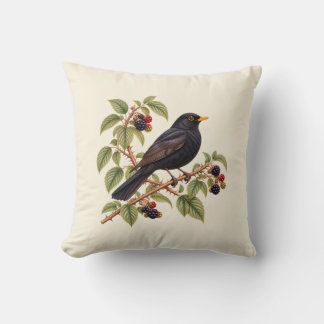 Britische Amsel auf Brombeerzweig Botanisch Kissen