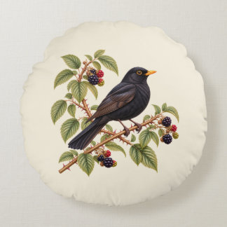 Britische Amsel auf Brombeerzweig Botanisch Rundes Kissen