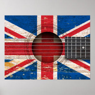 Britische Flagge auf alter Akustikgitarre Poster