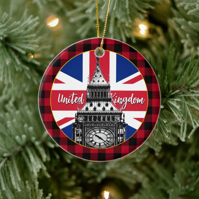 Britische Flagge, Big Ben, Büffel kariert, Union J Keramik Ornament (Baum)