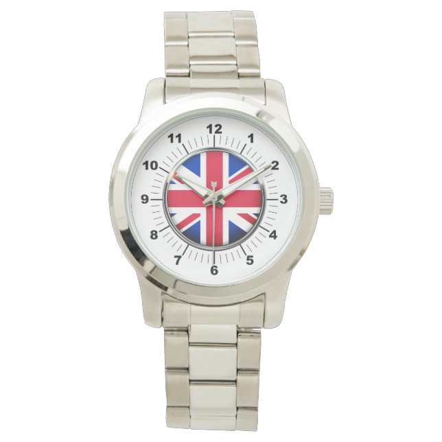 Britische Flagge für Männer Oversized Silver Brace Armbanduhr (Vorderseite)