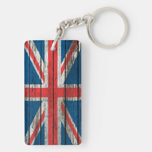 Britische Flagge mit rauem hölzernem Korn-Effekt Schlüsselanhänger (Rückseite)