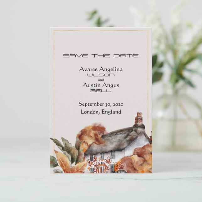 Britische Hochzeit mit Strohdach - Save the Date (Stehend Vorderseite)