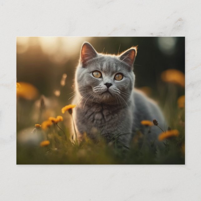 Britische Kurzkatze in Blume Meadow Postkarte (Vorderseite)