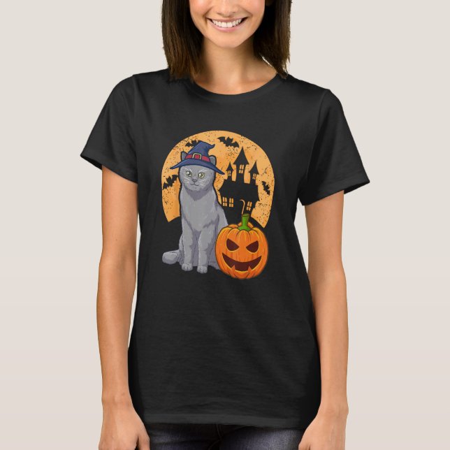 Britische Kurzkatze mit Hexenhut und Kürbiskeim H T-Shirt (Vorderseite)