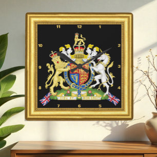 Britische Uhr, Goldrahmen, britisches Emblem, Vint Quadratische Wanduhr