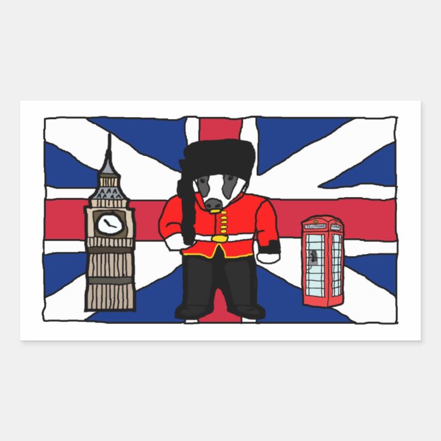 Britischer Badger-Cartoon mit Big Ben und Flag Rechteckiger Aufkleber (Vorderseite)