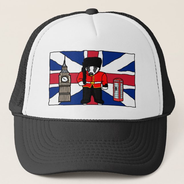 Britischer Badger-Cartoon mit Big Ben und Flag Truckerkappe (Vorderseite)