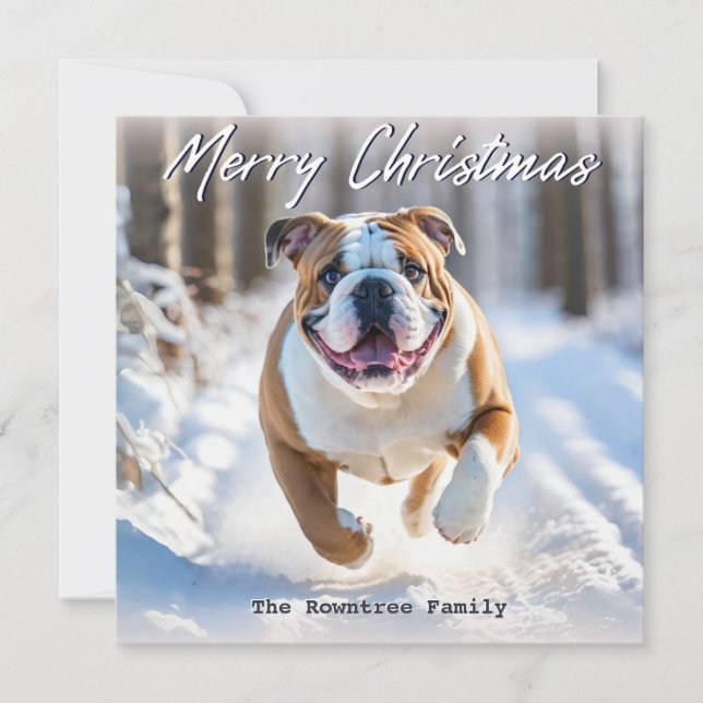 Britischer Bulldog-Hund im Schnee Weihnachten (Vorderseite)