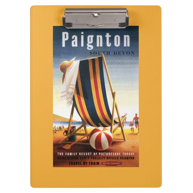 Britischer Eisenbahn-Strand-Stuhl und Ball-Plakat Klemmbrett (Vorderseite)