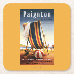 Britischer Eisenbahn-Strand-Stuhl und Ball-Plakat Rechteckiger Pappuntersetzer