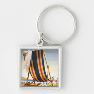 Britischer Eisenbahn-Strand-Stuhl und Ball-Plakat Schlüsselanhänger