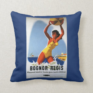 Britisches Eisenbahn-Mädchen und Beachball Plakat Kissen