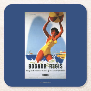 Britisches Eisenbahn-Mädchen und Beachball Plakat Rechteckiger Pappuntersetzer