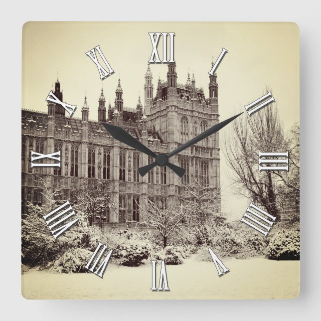Britisches Parlament, Westminster im Winter, Londo Quadratische Wanduhr (Vorderseite)