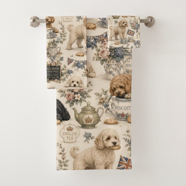 Britisches Teezimmer Cockapoo Badezimmer Handtuch  Badhandtuch Set (Insitu)
