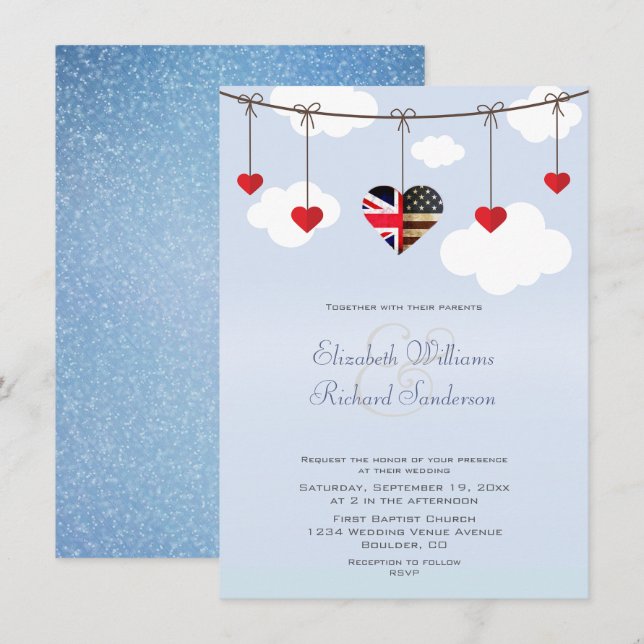 British American Romantic Hearts Wedding Einladung (Vorne/Hinten)