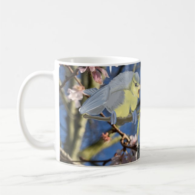 British Blue Chickadee Family gegen Pink Blossom Kaffeetasse (Links)