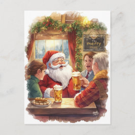 British Christmas Card with Santa Claus at Pub Feiertagspostkarte