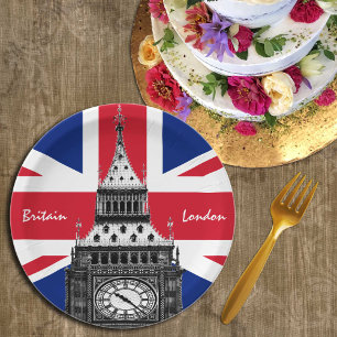 British Flag & Big Ben - London, Vereinigtes Köni Pappteller