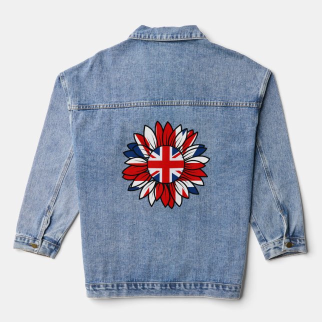 British Flag Sunflower Design Women's Jeansjacke (Rückseite)