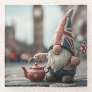 British Gnome mit Union Jack Hat und Teapot Glasuntersetzer