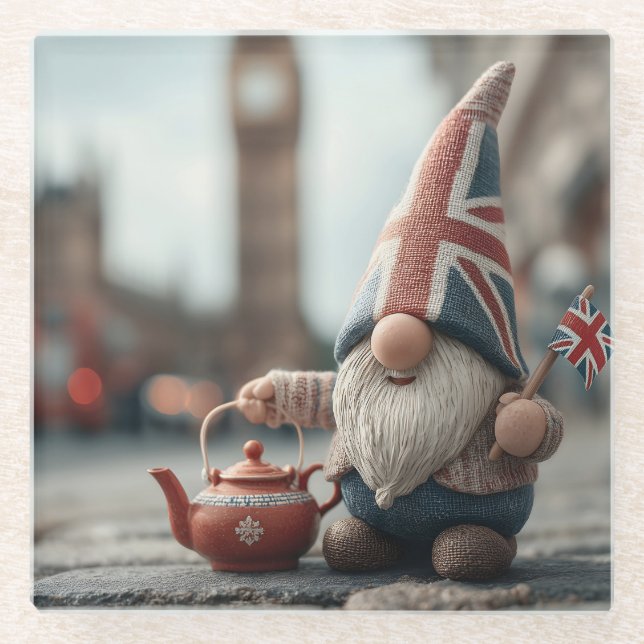 British Gnome mit Union Jack Hat und Teapot Glasuntersetzer (Vorderseite)