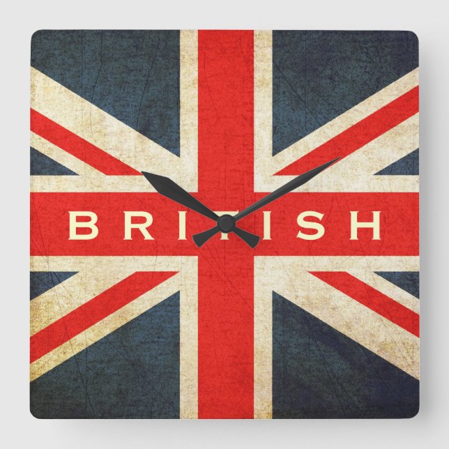 British Grunge Union Jack Mod Wall Clock Quadratische Wanduhr (Vorderseite)