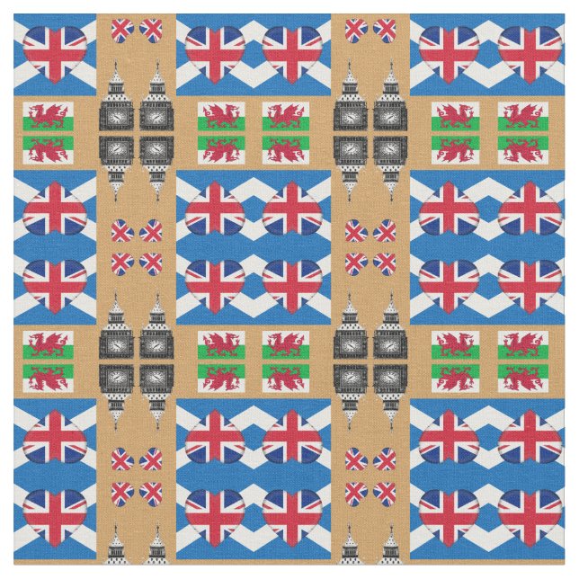 British Heart, Welsh Dragon & Scottish Flag / UK Stoff (Nahaufnahme)