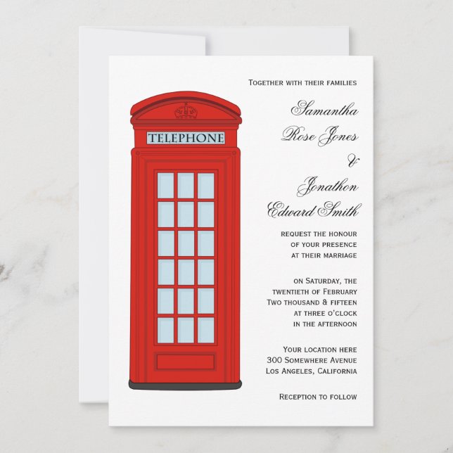 British Red Telefone Box Hochzeit Einladung (Vorderseite)