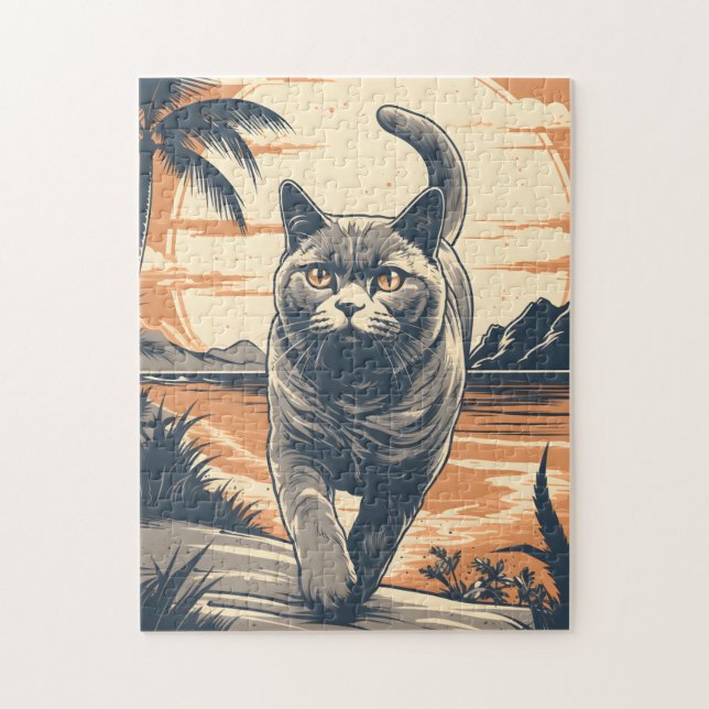 British-Shorthair-Cat an einem tropischen Strand (Vertikal)